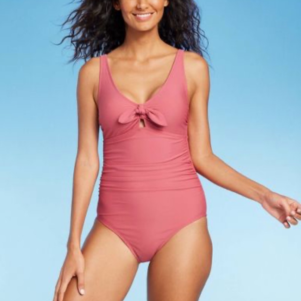 Kona Sol Coral Tie Front Ruched One Piece Swimsuit Full Coverage Women XS New